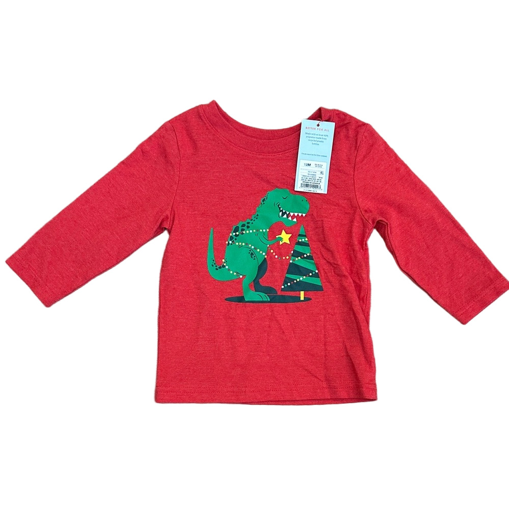 NWT Cat & Jack Long Sleeve Christmas Dinosaur Shirt Size 12 Months